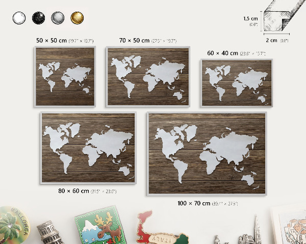 Tabule na magnety z dovolené ve stříbrném rámu Dřevěná mapa