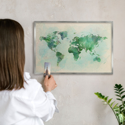 Tabule na magnety na zeď stříbrný rám Mapa světa