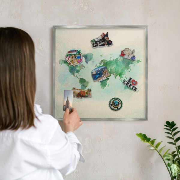 Tabule na magnety na zeď stříbrný rám Mapa světa