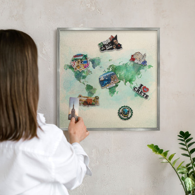 Tabule na magnety na zeď stříbrný rám Mapa světa