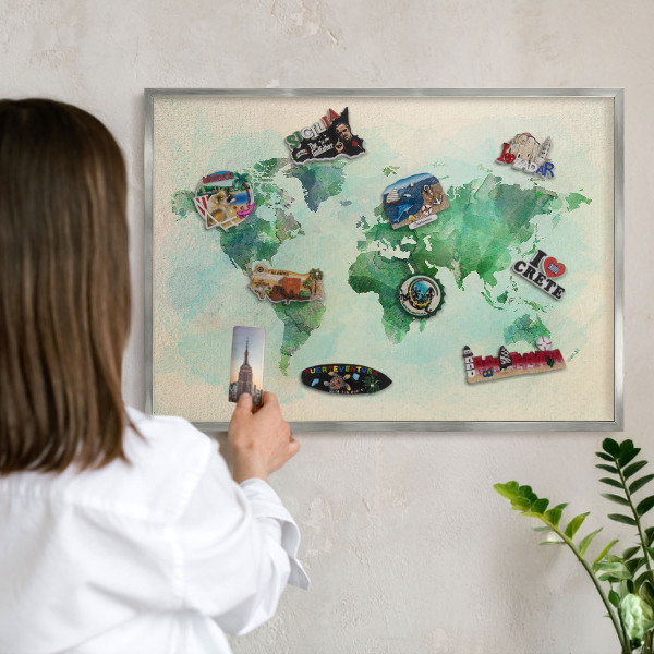 Tabule na magnety na zeď stříbrný rám Mapa světa
