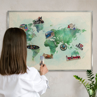 Tabule na magnety na zeď stříbrný rám Mapa světa