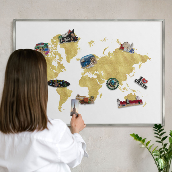 Tabule na magnety na zeď stříbrný rám Mapa světa
