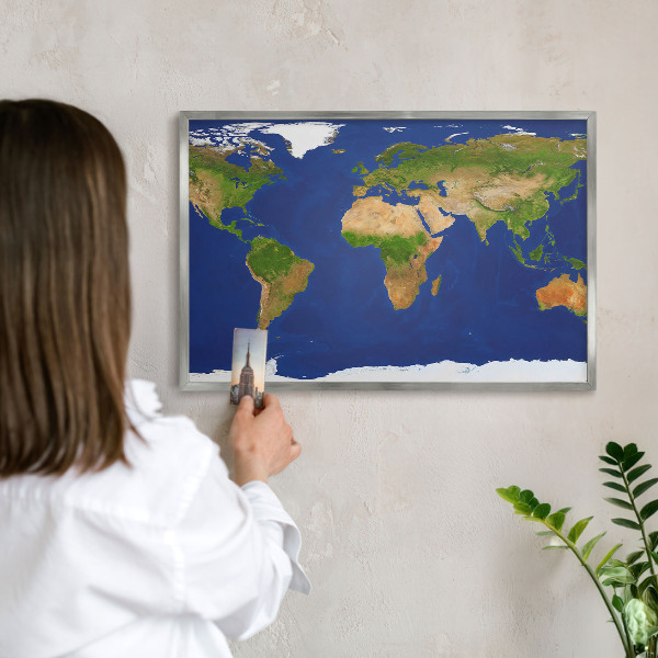 Tabule na magnety na zeď stříbrný rám Mapování světa