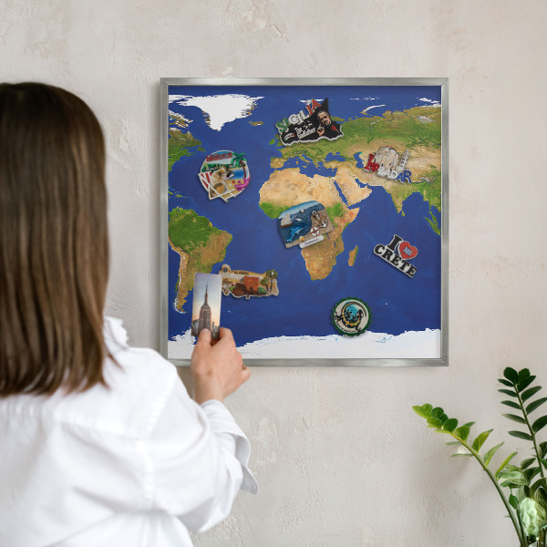 Tabule na magnety na zeď stříbrný rám Mapování světa