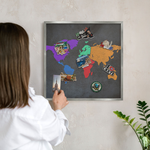 Tabule na magnety na zeď stříbrný rám Barevná mapa