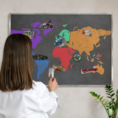 Tabule na magnety na zeď stříbrný rám Barevná mapa