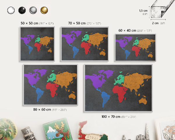 Tabule na magnety na zeď stříbrný rám Barevná mapa