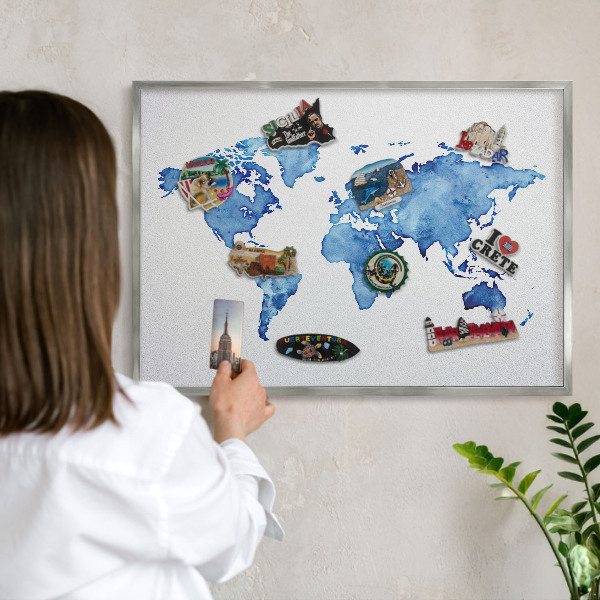 Tabule na magnety z dovolené ve stříbrném rámu Akvarelová mapa