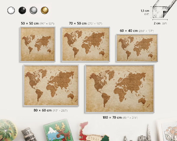Tabule na magnety na zeď stříbrný rám Starožitná mapa