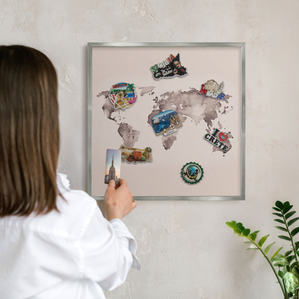 Tabule na magnety na zeď stříbrný rám Mapa světa