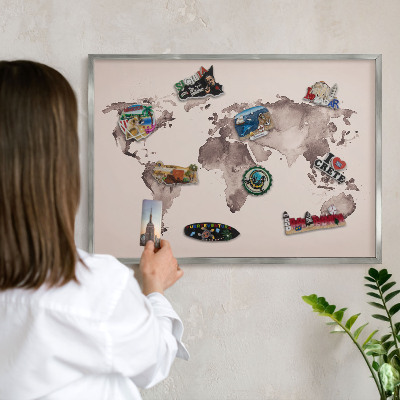 Tabule na magnety na zeď stříbrný rám Mapa světa