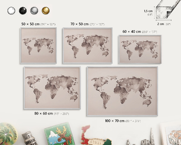 Tabule na magnety na zeď stříbrný rám Mapa světa