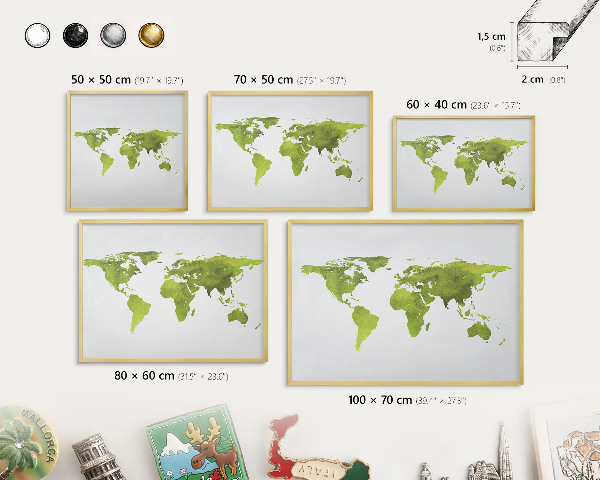 Plechové tabule na magnety zlatý rám Zelená mapa