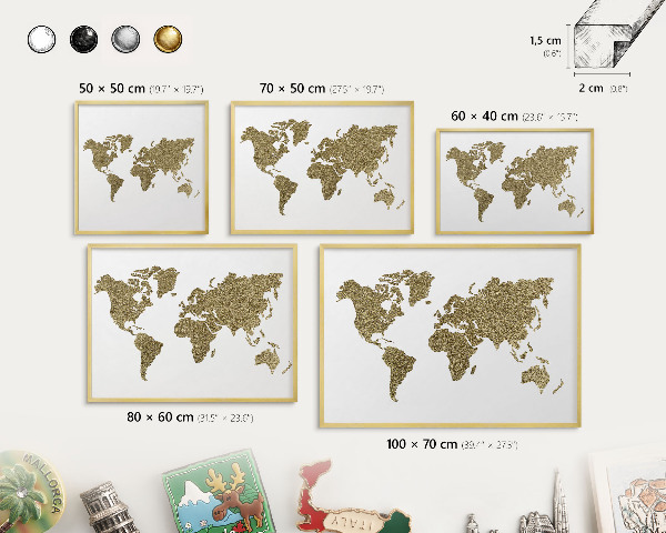 Plechové tabule na magnety zlatý rám Mapa světa