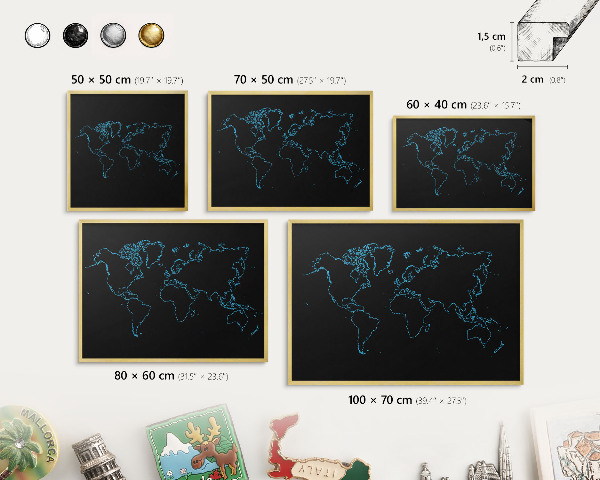 Plechové tabule na magnety zlatý rám Mapa světa
