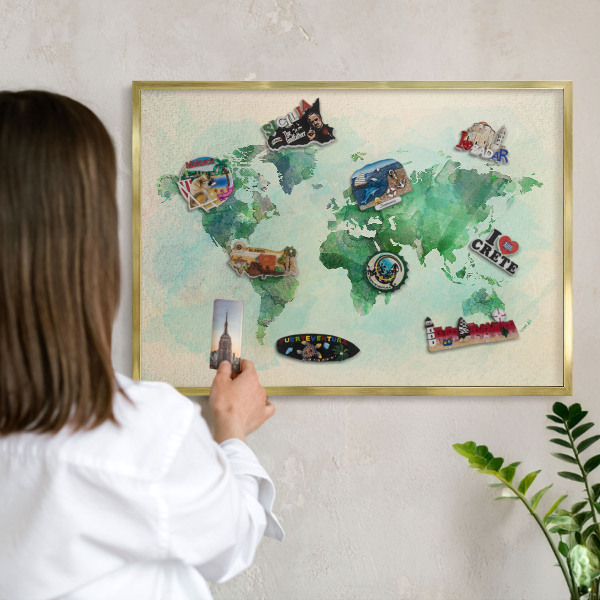 Plechové tabule na magnety zlatý rám Mapa světa