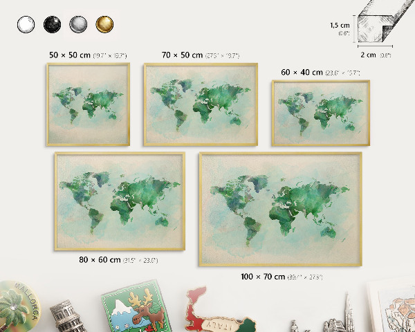 Plechové tabule na magnety zlatý rám Mapa světa