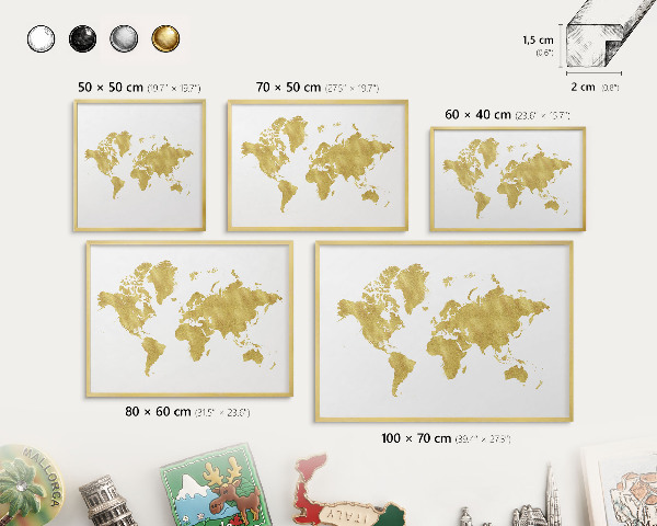 Plechové tabule na magnety zlatý rám Mapa světa