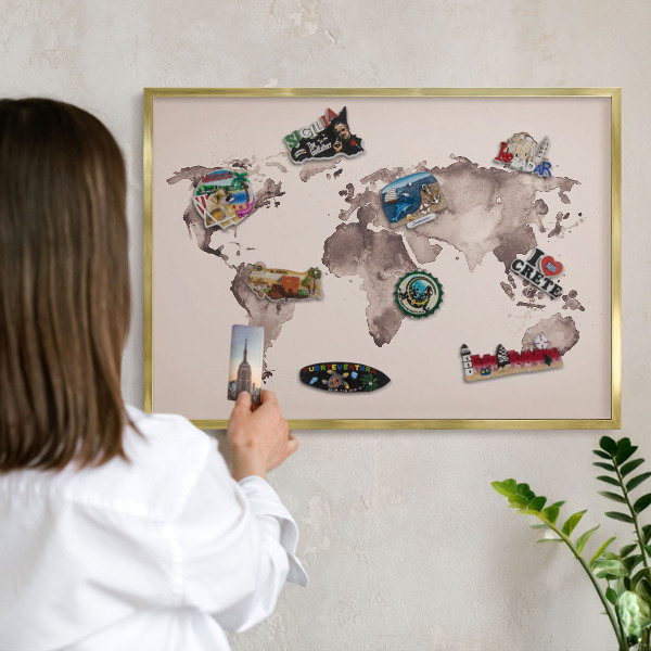 Plechové tabule na magnety zlatý rám Mapa světa