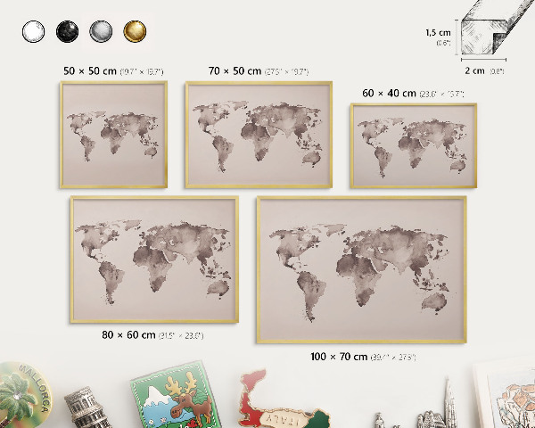 Plechové tabule na magnety zlatý rám Mapa světa