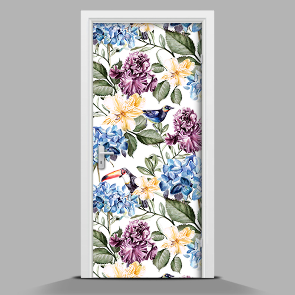 Samolepící tapeta na dveře Barevné květiny a tukany