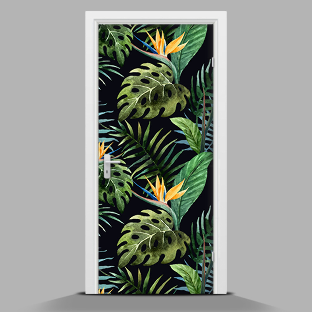 Samolepící nálepka na dveře Listy palmy na tmavém pozadí