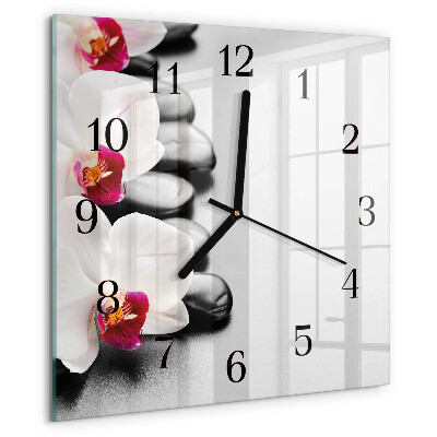 Skleněné hodiny na stěnu Orchidejové kameny