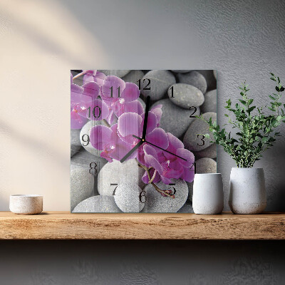 Skleněné hodiny na stěnu Orchidejové kameny