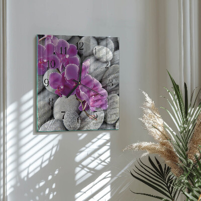 Skleněné hodiny na stěnu Orchidejové kameny