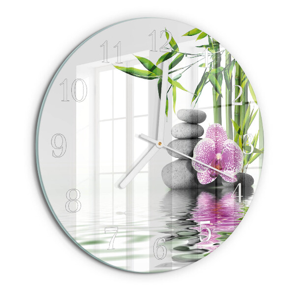 Skleněné hodiny na stěnu Orchidejové kameny