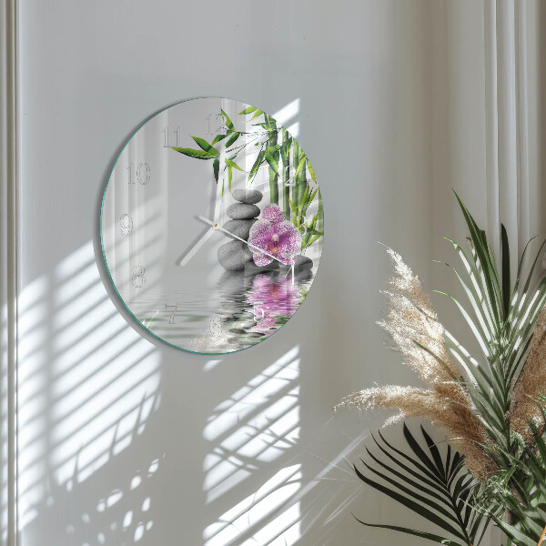 Skleněné hodiny na stěnu Orchidejové kameny