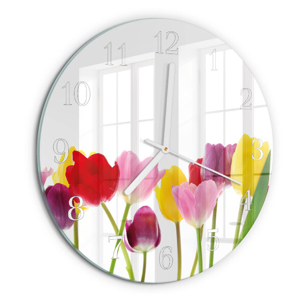 Skleněné hodiny na stěnu Barevné tulipány