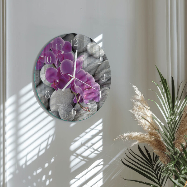 Skleněné hodiny na stěnu Orchidejové kameny