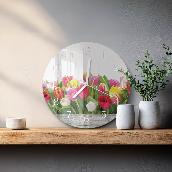 Skleněné hodiny na stěnu Tulipány
