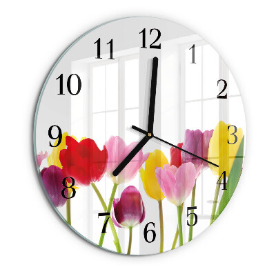Skleněné nástěnné hodiny Barevné tulipány