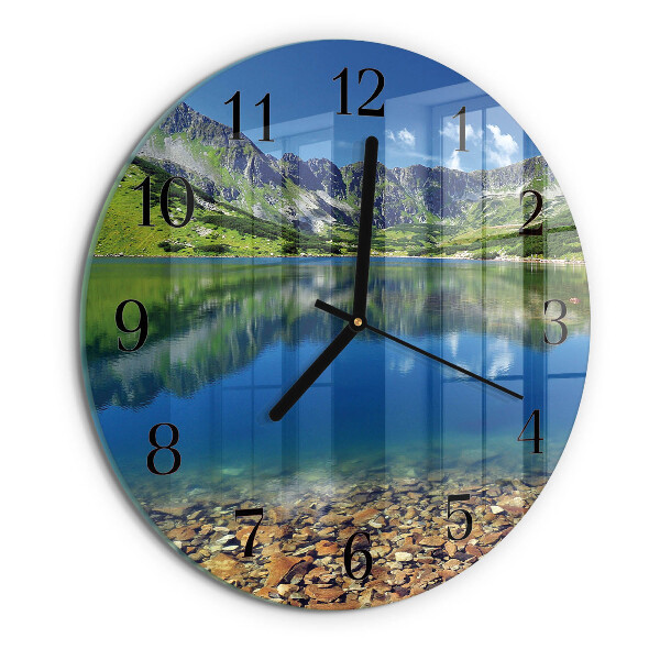 Skleněné nástěnné hodiny Horské jezero