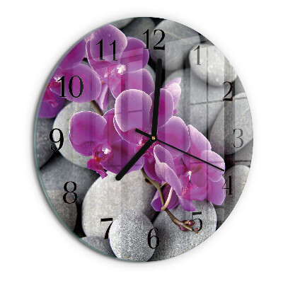 Skleněné nástěnné hodiny Orchidejové kameny