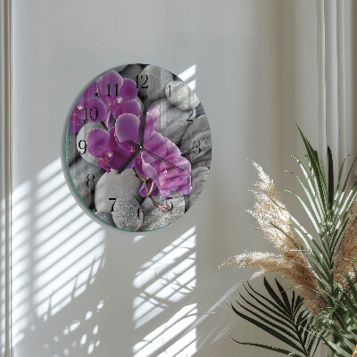 Skleněné nástěnné hodiny Orchidejové kameny