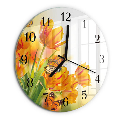 Skleněné nástěnné hodiny Tulipány