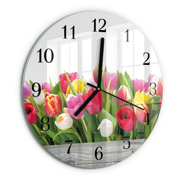 Skleněné nástěnné hodiny Tulipány