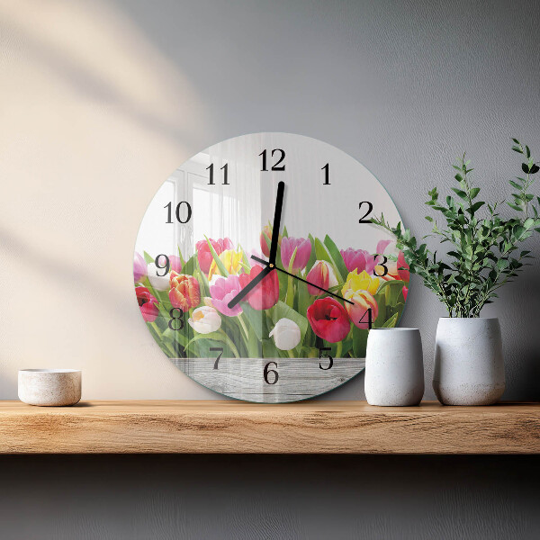 Skleněné nástěnné hodiny Tulipány