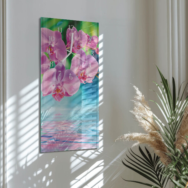 Skleněné hodiny vertikální Orchideje